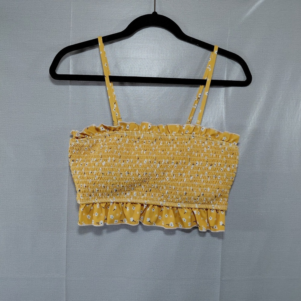 Smocked Floral Bandeau Ruffled Bikini Top Women's L Crop Top Yellow Ditsy Floral